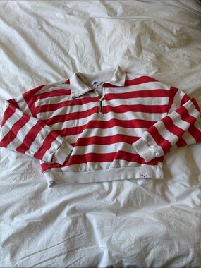 JoyLab Red Striped Quarter Zip French Terry Cropped Sweatshirt Size S, EUC